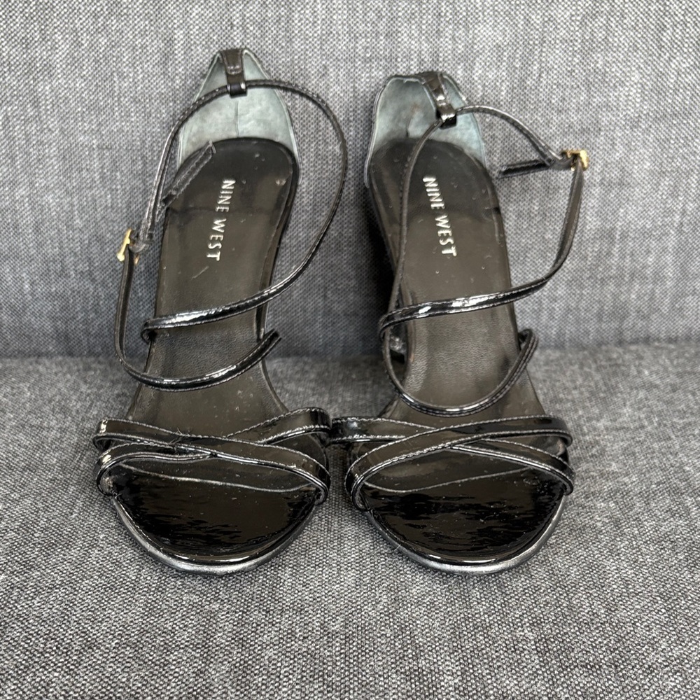 Nine West Black Patent Strappy Heeled Sandals | Evening| Size 7 | Never Worn
